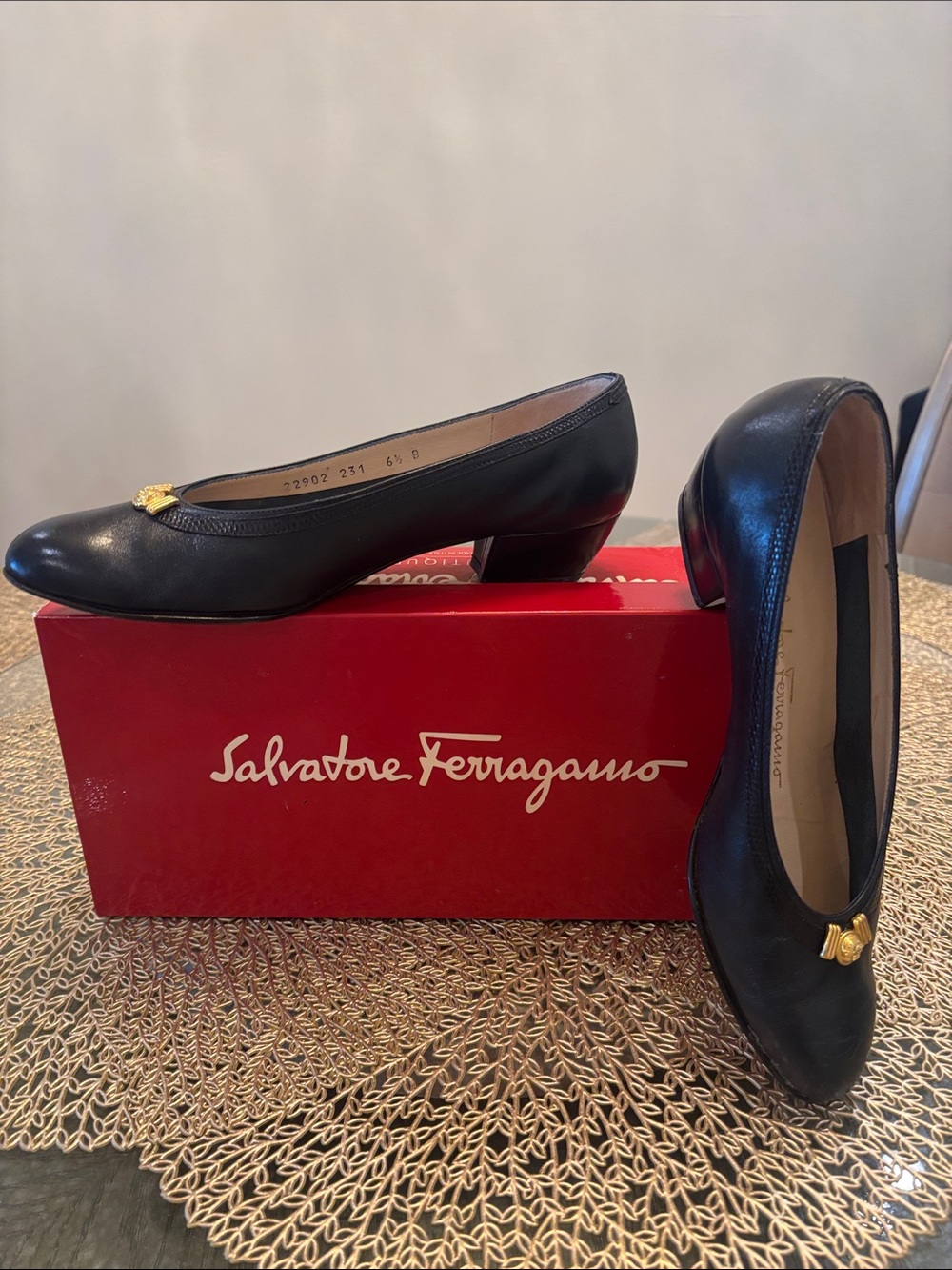 Salvatore Ferragamo Black Leather with Low Block Heel Pumps with Gold Accent